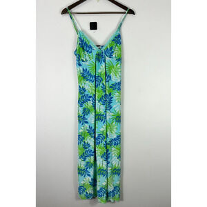 Studio Donatella Slip Dress Women M Blue‎ Green Leaf Print Lace Resort Y2K Sexy